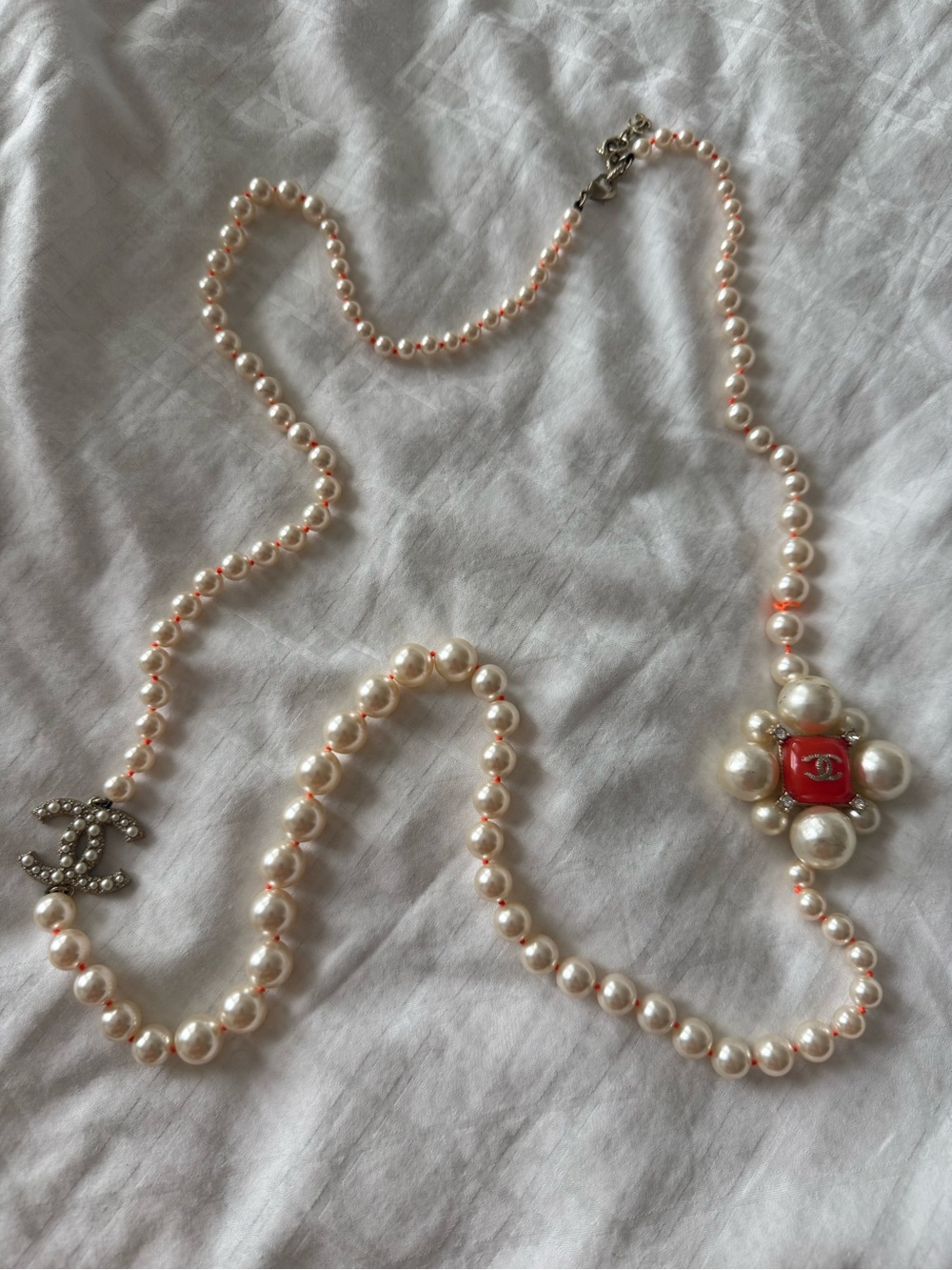 CHANEL Ivory Pearl Multi-Strand Necklace with Red Center and Crystal CC - Picture 2 of 6